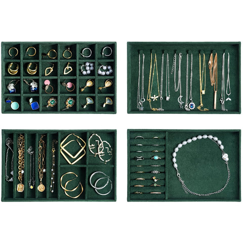 ProCase Jewellery Tray Organiser, Jewellery Drawer Organiser Velvet Stackable Jewellery Storage Tray for Drawer Jewellery Display for Earring Necklace Ring Bracelet -4 Layers, Green