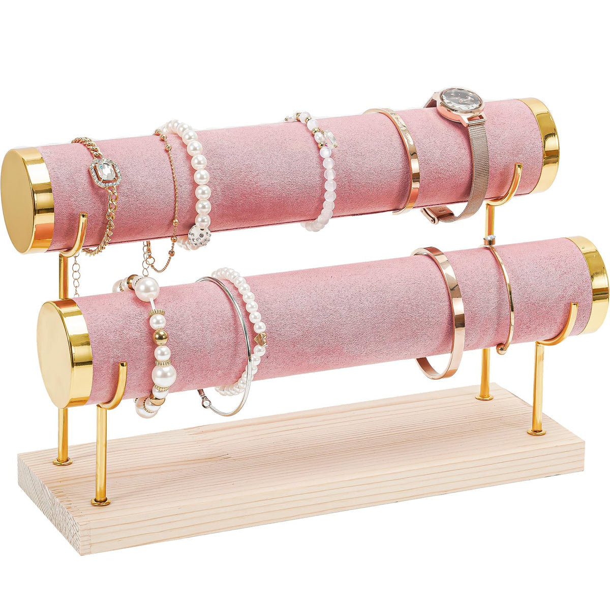 ProCase Detachable Bracelet Holder Stand, Gold Bracelet Organiser for Selling, Velvet Wrap Bracelet Display Rack with Wooden Base for Bangles Scrunchies Watches - 2 Tier, Pink