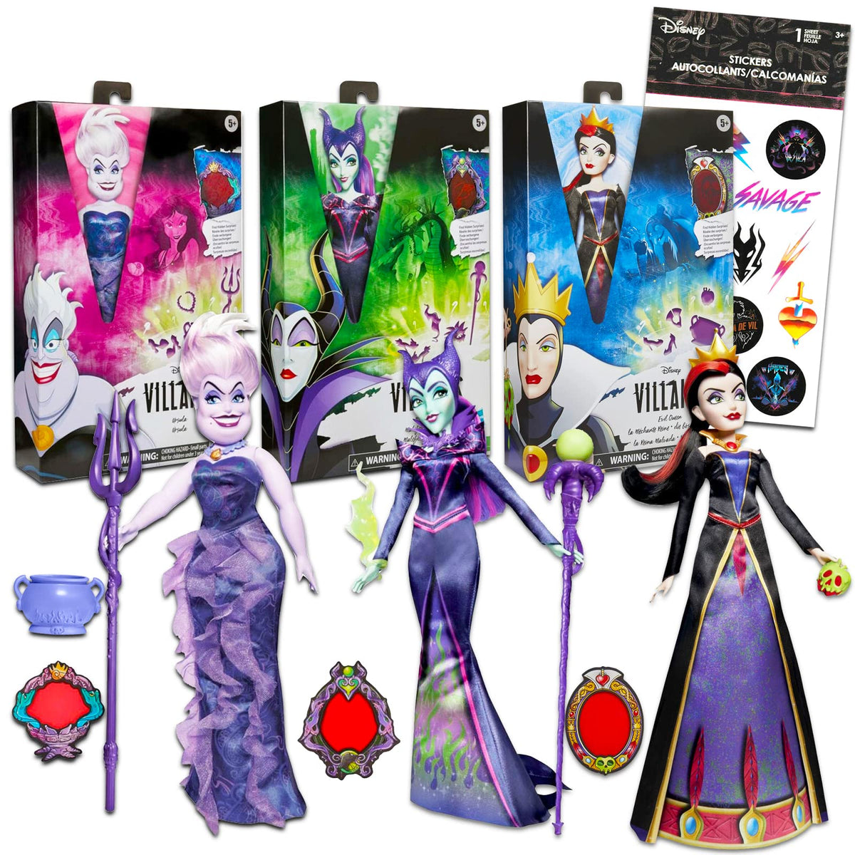 Disney Villains Dolls Set for Girls - Bundle with 3 Disney Villains Dolls Featuring Maleficent, Ursula, and Evil Queen Plus Stickers | Disney Villains Gifts