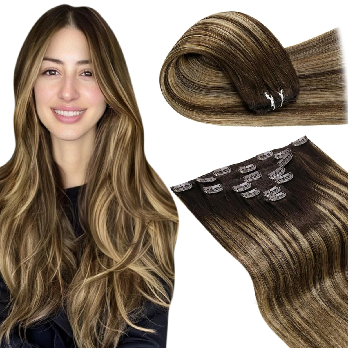 LaaVoo Hair Extensions Real Human Hair Clip ins Ombre Human Hair Clip in Extensions 22 Inch Balayage Brown Mix Caramel Blonde Clip on Hair Extensions Human Hair Balayage Long Straight 7pcs/120g