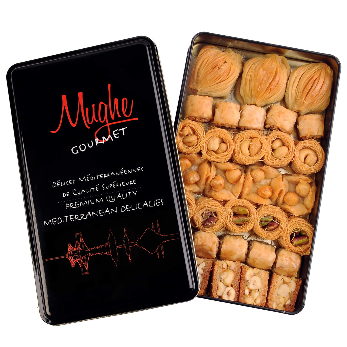 Mughe Gourmet Assorted Baklava Pastry Gift Elegant Tin Box - 500g/1.1lb - Turkish Pistachio, Almond, Walnut, Cashew, Hazelnut Bite Size Gifts Baklawa Sweet - Perfect for Birthday, Fathers Day