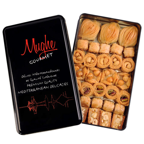 Mughe Gourmet Assorted Baklava Pastry Gift Elegant Tin Box - 500g/1.1lb - Turkish Pistachio, Almond, Walnut, Cashew, Hazelnut Bite Size Gifts Baklawa Sweet - Perfect for Birthday, Fathers Day