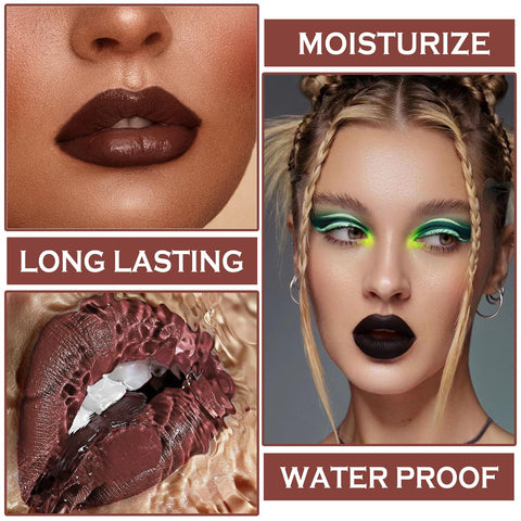 QIUFSSE 3 in 1 Black Lip Liner Pencil and Lipstick lipgloss Set Matte Black Lipstick Lip Gloss Kit Long-lasting Nonstick Cup Smudge Proof Lip Kits with Lip Liner,Velvet Goth Makeup (12#Black Magic)