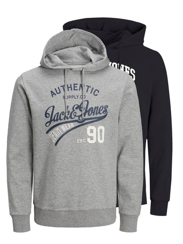 JACK & JONES Mens Ethan 2 Pack Hoodie Light Grey Marl/Black L