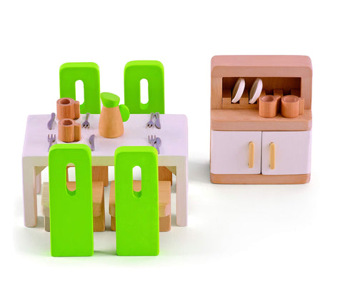 Hape Wooden Doll House Furniture Dining Room Set,Green