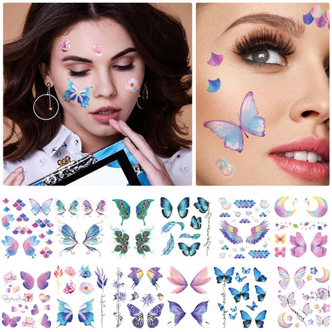 Dansib 32 Sheets Glitter Butterfly Face Temporary Tattoos Stickers for Girls Metallic Freckle Face Tattoo Wings Flowers for Kids Women Halloween Makeup Dancer Costume Party Favors