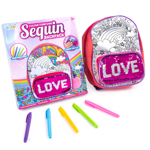 abeec Colour Your Own Backpack - Design Your Own Backpack with Sequin Front Pocket and Coloured Pens - Arts and Crafts Activity Set Colour Your Own Bag for Girls 6+