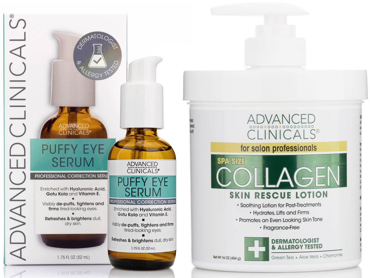 Advanced Clinicals Collagen Cream + Puffy Eye Face Serum 2pc Set | Firming Collagen Body Lotion & Brightening Under Eye Serum | Fragrance Free | Skin Tightening Cream | Skin Care Products, 2pc Bundle