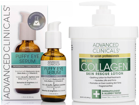 Advanced Clinicals Collagen Cream + Puffy Eye Face Serum 2pc Set | Firming Collagen Body Lotion & Brightening Under Eye Serum | Fragrance Free | Skin Tightening Cream | Skin Care Products, 2pc Bundle