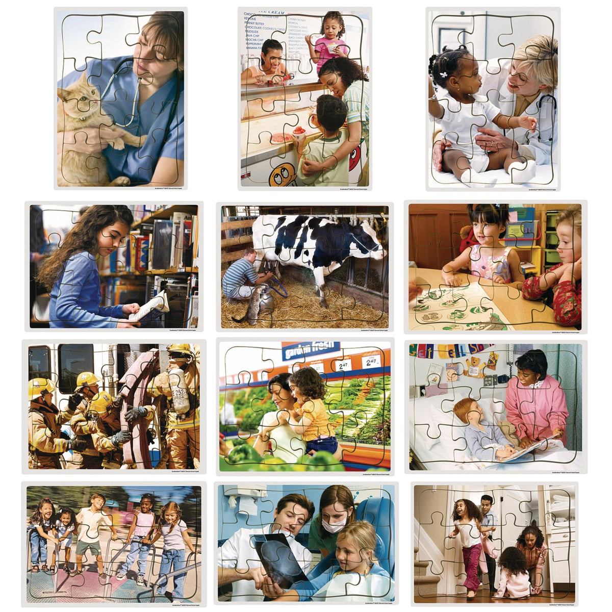 Excellerations Wooden Community Helper Jigsaw Puzzle 11-5/8 inches L x 8-3/8 inches W for Children, 8-12 Piece Puzzles, Set of 12 Puzzles, Preschool (Item # COMPUZ12)