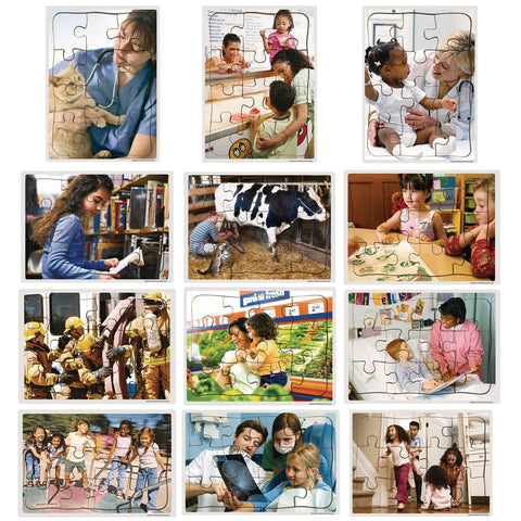 Excellerations Wooden Community Helper Jigsaw Puzzle 11-5/8 inches L x 8-3/8 inches W for Children, 8-12 Piece Puzzles, Set of 12 Puzzles, Preschool (Item # COMPUZ12)