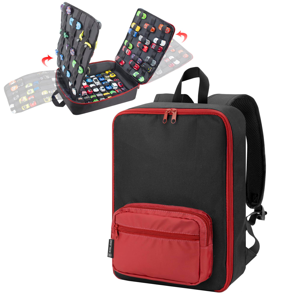 KISLANE Portable Carrying Case Suitable for Toy Cars or Matchbox Cars, Versatile Toy Cars Storage for 108 Toy Cars, Sturdy 4 Pages Toy Cars Storage Bag with Front Pocket(Case Only) (Red)