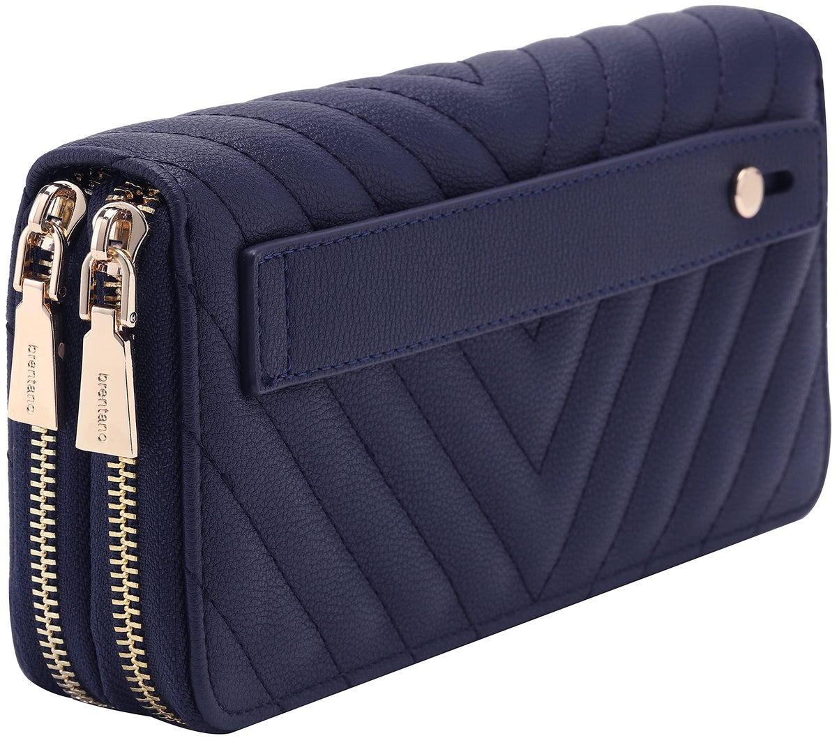 B BRENTANO Vegan Leather Double Zipper Pocket Wallet with Grip Hand Strap, Chevron Embroidered Navy, Wallet With Hand Grip