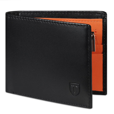 TEEHON® Wallets Mens RFID Blocking Genuine Leather Mens Wallets with 11 Card Holder, 2 Banknote Compartments, Coin Pocket, ID Window, Minimalist Wallets for Men UK with Gift Box - Black and Orange