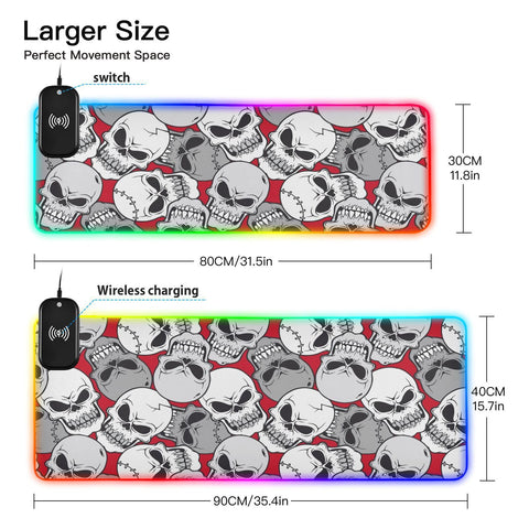 Cool Skull Wireless Charging Mouse Pad for Mobile Phone Extra Large Gaming Mousepad with 13 Lighting Modes Extended Desk Mat for Office Home Gaming MacBook Laptop Desk