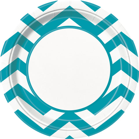 Unique Chevron Round Dinner Paper Plates, 9", Caribbean Teal