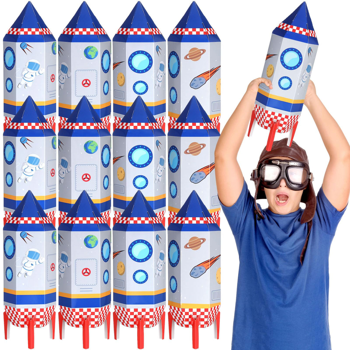 Tioncy 12 Pcs Large Rocket Decoration Boxes 15.7 Inch Space Rocket Cardboard Boxes Spaceship Storage Boxes for Space Themed Birthday Party Decorations Solar System Rocket Party Decor