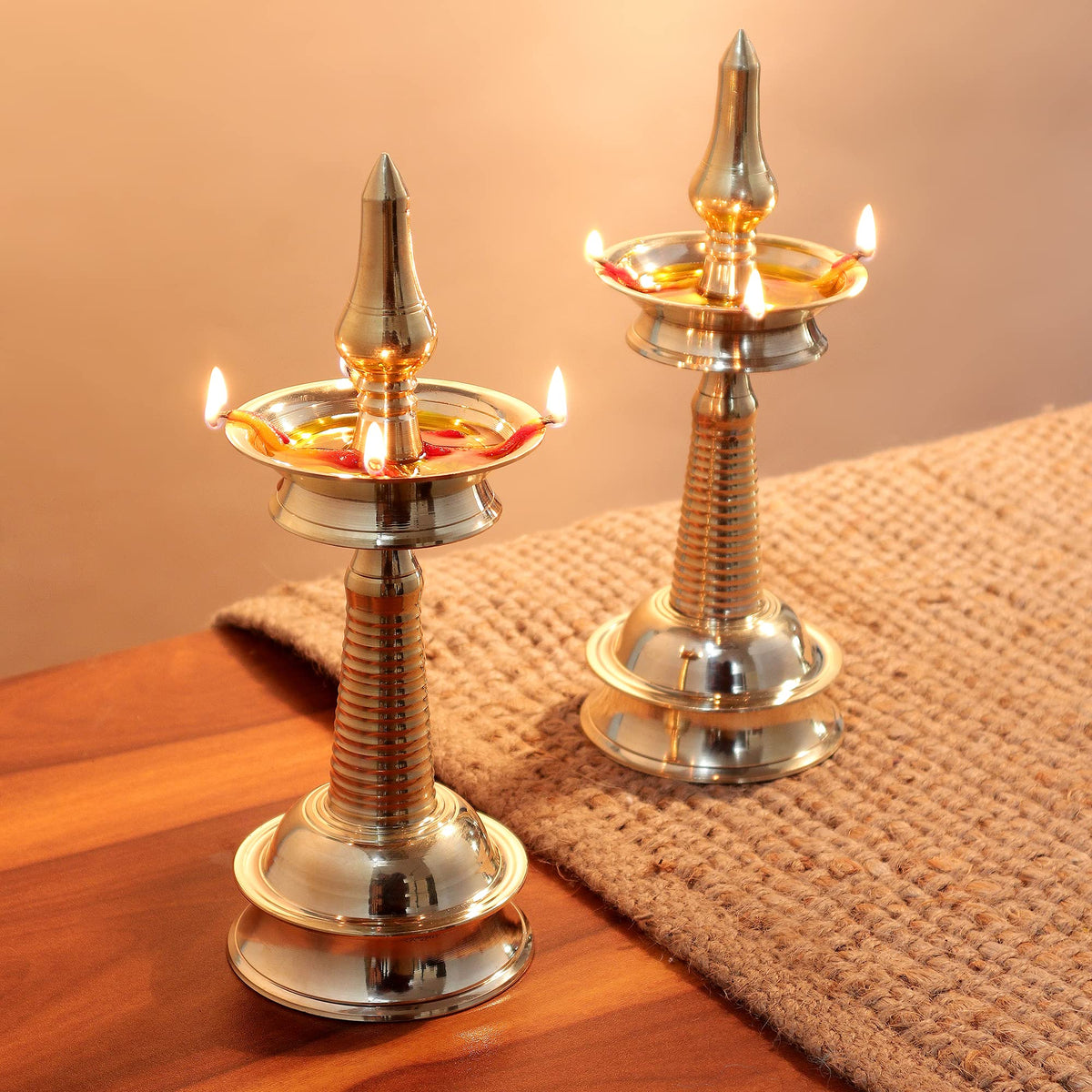 Brass Diya Diwali Diyas Diya Lamp for Puja Kerala Nilavilakku Diya [ 10 inch, Set of 2 ] Kutthu Vilakku Samai Diya for Diwali Decorations - Indian Diwali Gifts HashcartÂ®