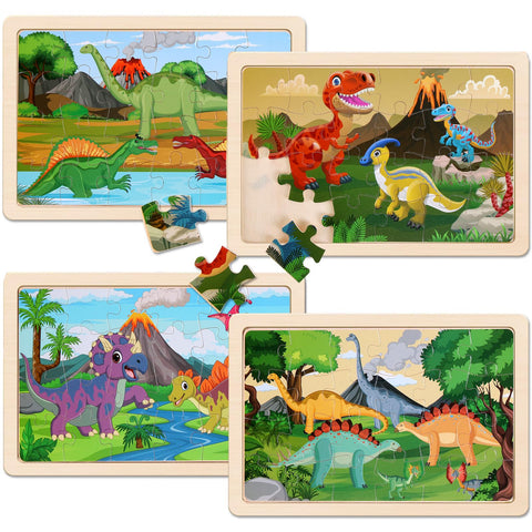 Wooden Puzzles Dinosaur Toys for Kids Ages 3-5, Set of 4 Packs Wood Jigsaw Puzzles, Preschool Educational Brain Teaser Boards for Boys and Girls 3 4 5 6 Years Old