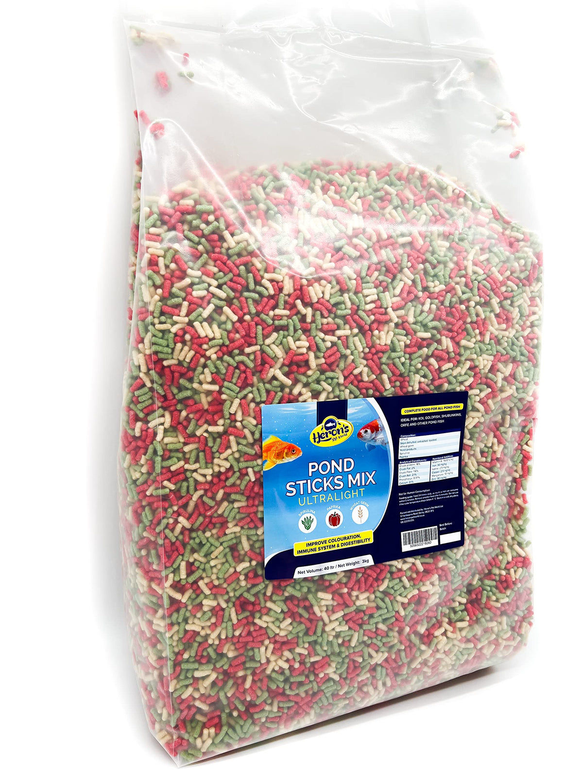HERONS - Pond Sticks Mix Ultralight 40L - Floating Sticks for Koi, Carp and Coldwater Fish - Immune System Boost - With Spirulina and Paprika - Complete Feed for Pond Fish - 3 KG