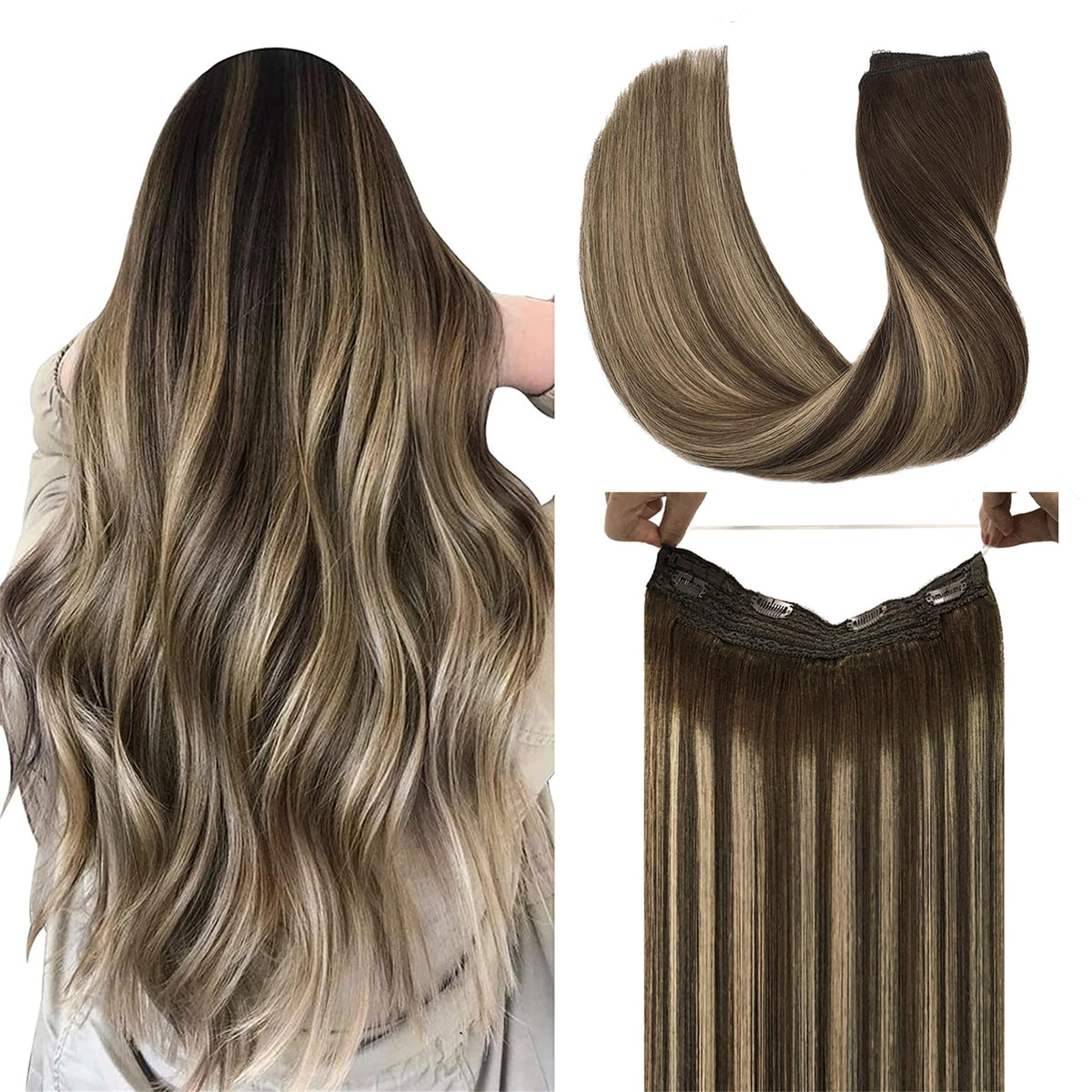 DOORES Wire Hair Extensions Human Hair Balayage Chocolate Brown to Honey Blonde 16 Inch 95g Natural Hair Extensions Wire Extensions with Invisible Fish Line Hairpiece Straight