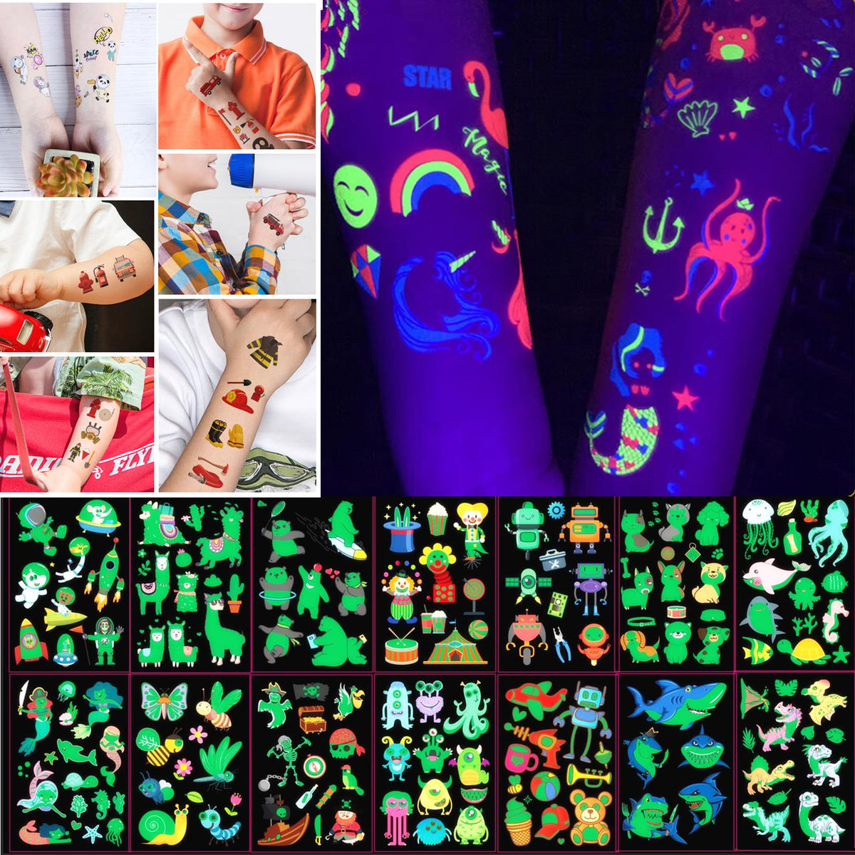 Generic Luminous Temporary Tattoos for Kids,Multi style pattern in 30 sheets,Waterproof long lasting fake tattoos,Party Supplies Gifts,Safe and easy to use