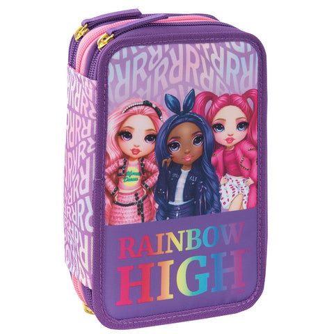 RAINBOW HIGH - Official School Case, 3 Compartments Girl Pencil Case with Stationery Set, Erasable Pen Blue Frixion and Practical Zip Closure, 20 x 13 x H x 7 cm, Purple, teglia unica, Casual