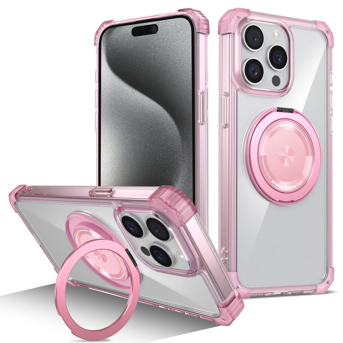 EspZanthic Clear Case for iPhone 15 Pro Max with Wireless Charging, 15FT Military Shockproof, Not-Yellowing, 360° Rotatable Holder,Transparent Magnetic Phone Cover