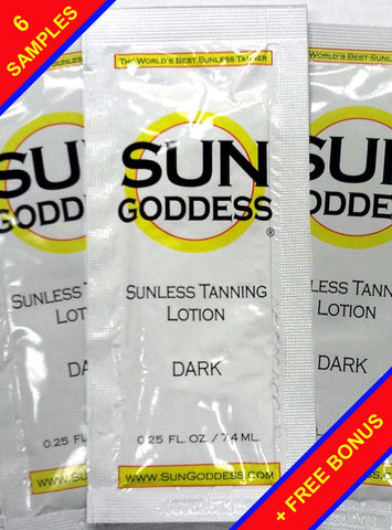 Sun Goddess - SIX (6) Sunless Self Tanning Lotion Samples + 1 Sunless Self Tanning Applicator Mitt + 1 Pair Sunless Self Tanning Application Gloves - Sun Goddess - Best Sunless Self Tanner Lotion