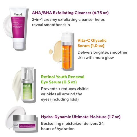 Murad The Ultra-luxe Skin Specialists - 4-Piece Full Size Set ($308 value) - AHA/BHA Cleanser 6.75Oz, Vita-C Glycolic Serum 1Oz, Retinol Eye Serum 0.5Oz, & Hydro Dynamic Moisturizer 1.7Oz