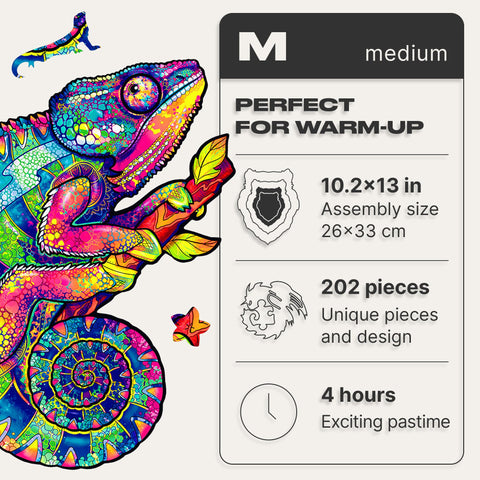 UNIDRAGON Original Wooden Jigsaw Puzzles - Iridescent Chameleon, 202 pcs, Medium 10.2"x13", Beautiful Gift Package, Unique Shape Best Gift for Adults and Kids