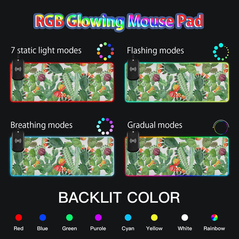 Cactus Wireless Charging Mouse Pad for Mobile Phone Extra Large Gaming Mousepad with 13 Lighting Modes Computer Mat for Gaming MacBook PC Laptop Desk Home Office