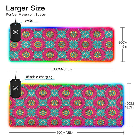 Ethnic Floral African Style Wireless Charging Mouse Pad for Mobile Phone Extra Large Gaming Mousepad with 13 Lighting Modes Computer Mat for Office Home Gaming MacBook PC Laptop Desk