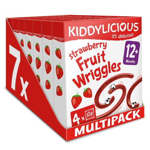 Kiddylicious Strawberry Wriggles - Delicious Real Fruit Treat for Kids - Suitable for 12+ Months - 7 Packs of 4 (28 Total)