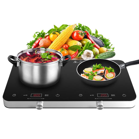 COOKTRON Double Induction Cooktop Burner with Fast Warm-Up Mode, 2800W 2 Induction Burner with 10 Temperature 9 Power Settings, Portable Dual Induction Cooker Cooktop with Child Safety Lock & Time