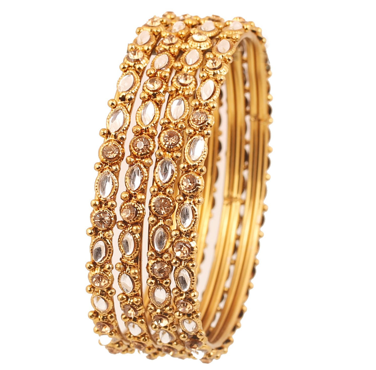 Alloy Metal, Traditional Indian Mughal Inspired Kundan Look and fine Filigree Work Designer Bangle Bracelets. Set of 4. in Antique Gold Tone.
