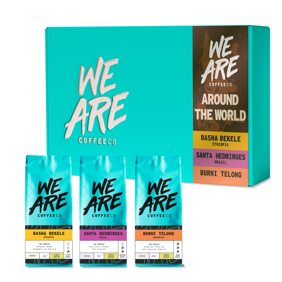 Coffee Ground Coffee Gift Set, 3 x 227g Around the World Espresso Ground Coffee, Chocolate Nuts & Fruits Notes, 100% Arabica, Light Medium & Dark Roast Speciality Coffee (We Are Coffee Co)