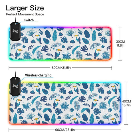 Cute Toucans and Palm Leaves Wireless Charging Mouse Pad for Mobile Phone Extra Large Gaming Mousepad with 13 Lighting Modes Mouse Mat for Gaming MacBook PC Laptop Desk Home Office