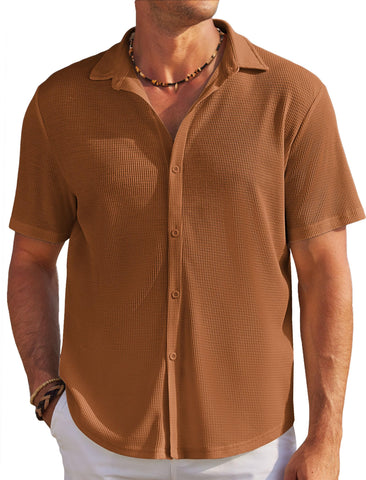 COOFANDY Men's Casual Button Down Shirts Short Sleeve Wrinkle Free Waffle Knit Shirts Light Brown