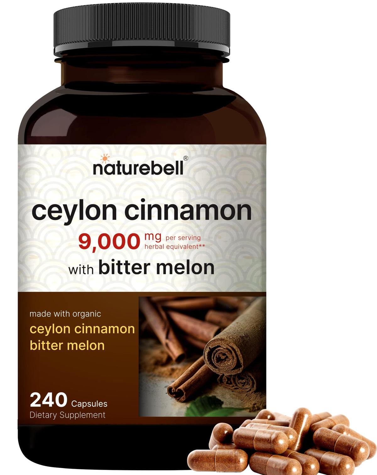 NatureBell Ceylon Cinnamon 9,000mg Per Serving, 240 Capsules | Made with Organic Sri Lanka Ceylon Cinnamon and Organic Bitter Melon, 2 in 1 Support - Non-GMO, No Gluten