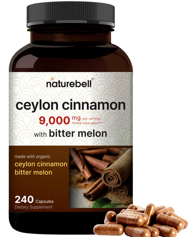 NatureBell Ceylon Cinnamon 9,000mg Per Serving, 240 Capsules | Made with Organic Sri Lanka Ceylon Cinnamon and Organic Bitter Melon, 2 in 1 Support - Non-GMO, No Gluten