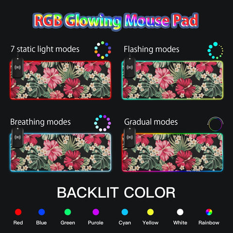 Exotic Hawaiian Tropical Hibiscus Wireless Charging Mouse Pad for Mobile Phone Extra Large Gaming Mousepad with 13 Lighting Modes Keyboard Mat for MacBook PC Laptop Desk Office Home Gaming