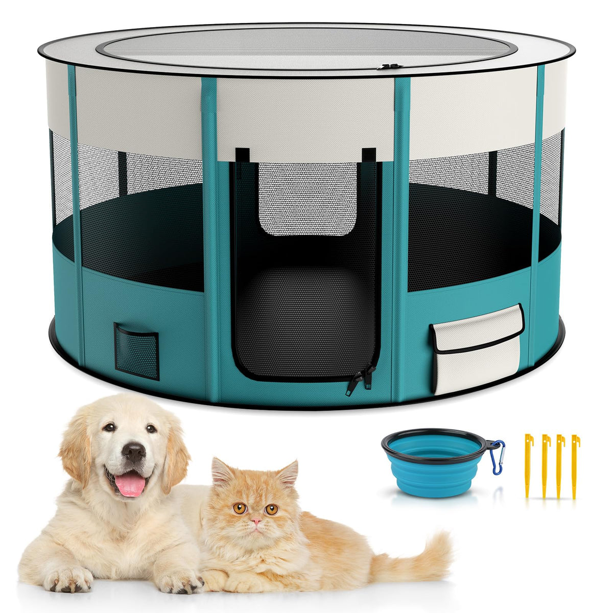 Foldable Playpen for Dogs, 110cm*110cm Waterproof Portable Dog Cat Crate Pet Exercise Kennel Tent, Puppy Kitten Cage with Shade Cover, Indoor House Outdoor Travel Use for Dog, Cat, Rabbit, Large