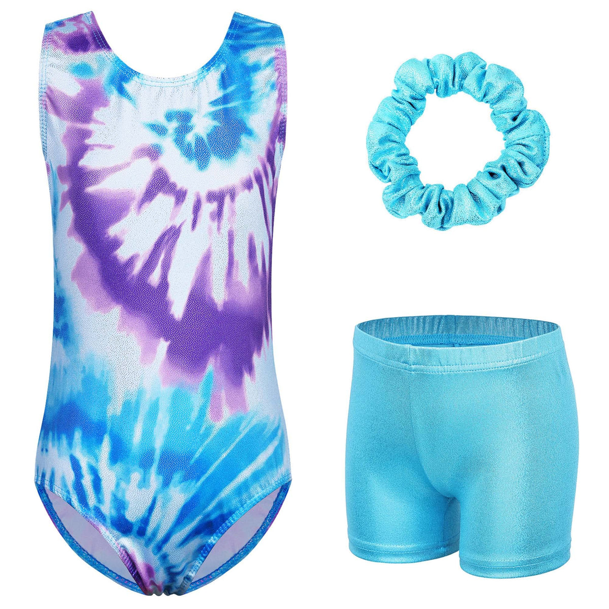XFGIRLS Gymnastics Leotards for Girls Sparkle 2 Piece Activewear Sleeveless Gymnastics and Tumbling Athletic Leotards with Short Set Blue Tie Dye Size 10-12