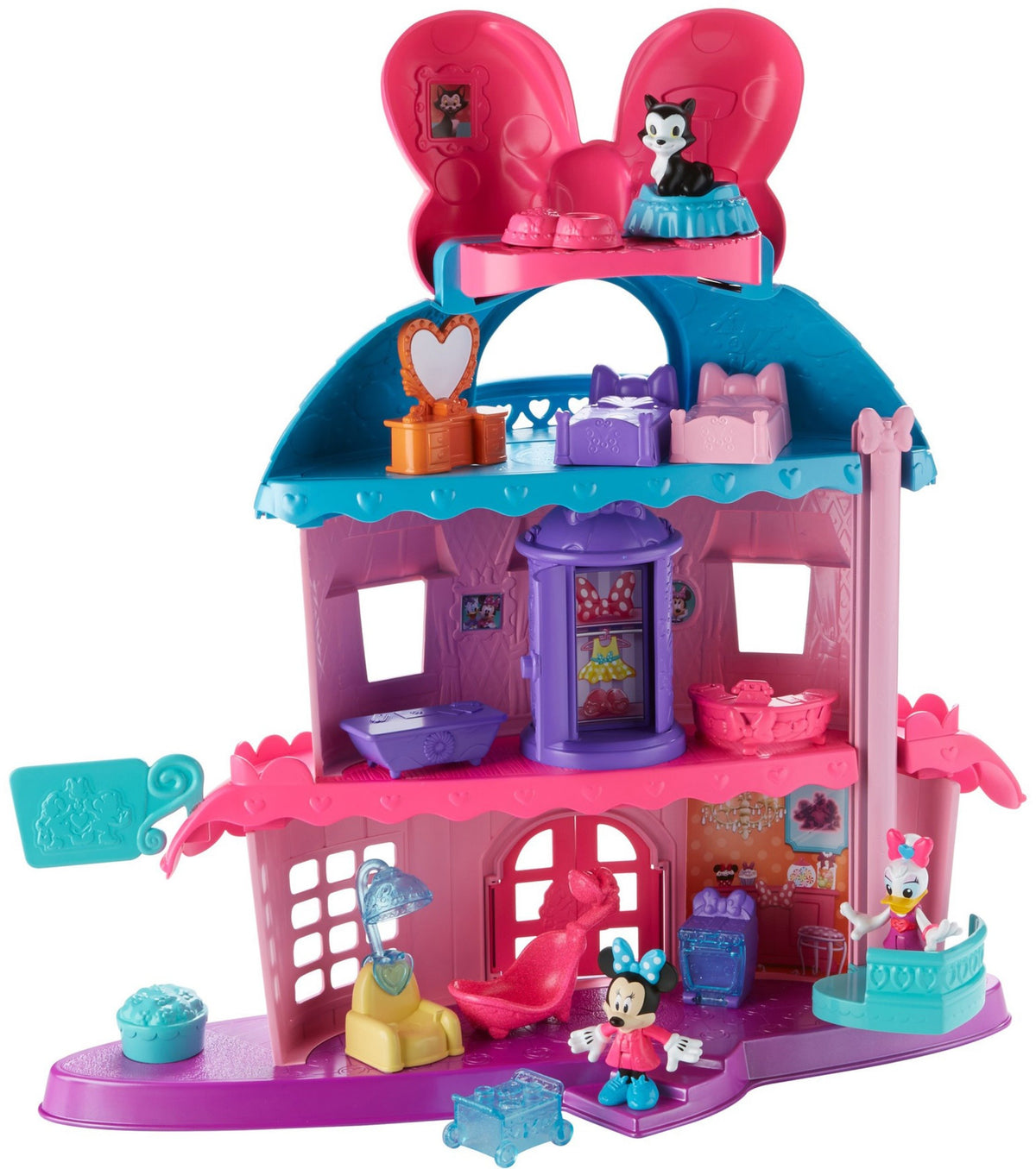 Minnie Mouse's Home Sweet Headquarters is a 4-level dollhouse playset with five rooms of play and features three figures, 12 play pieces, an elevator, and Minnie's magic Turnstyler fashion closet.
