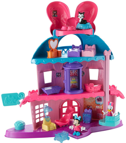 Minnie Mouse's Home Sweet Headquarters is a 4-level dollhouse playset with five rooms of play and features three figures, 12 play pieces, an elevator, and Minnie's magic Turnstyler fashion closet.