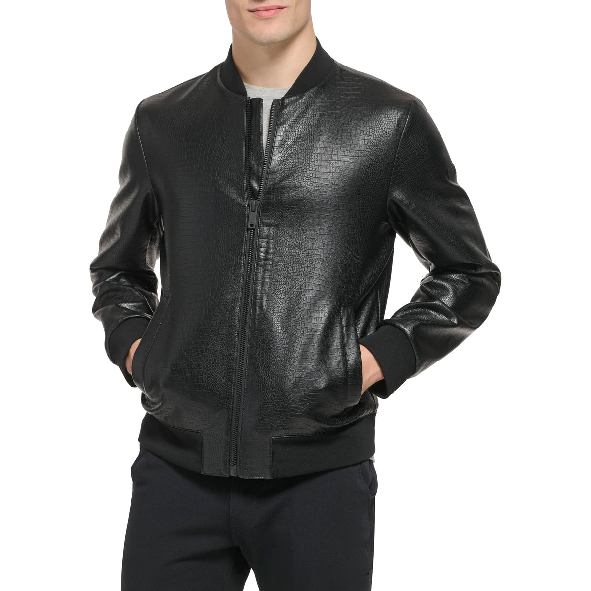DKNY Men's Faux Leather Varsity Bomber Jacket, Black Croc Embossed