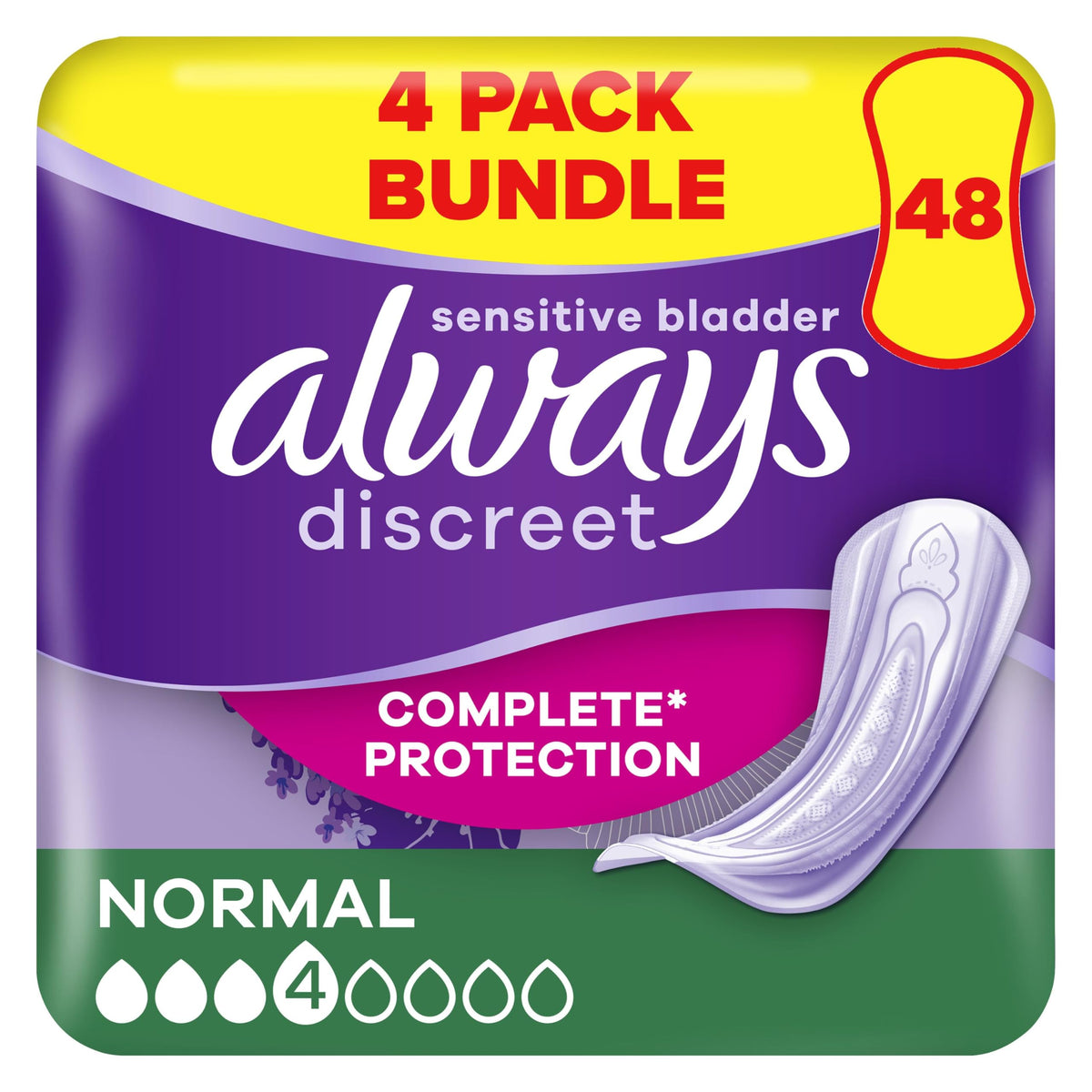Always Discreet Incontinence Pads Women, Normal, 48 Moderate Absorbency Pads (12 x 4 Packs) , Odour Neutraliser, Discreet and Flexible, For Sensitive Bladder