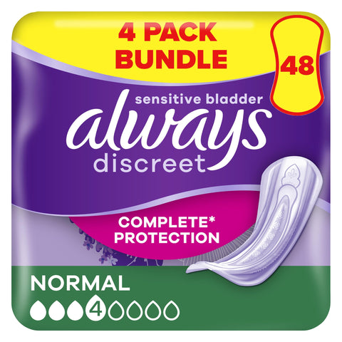 Always Discreet Incontinence Pads Women, Normal, 48 Moderate Absorbency Pads (12 x 4 Packs) , Odour Neutraliser, Discreet and Flexible, For Sensitive Bladder
