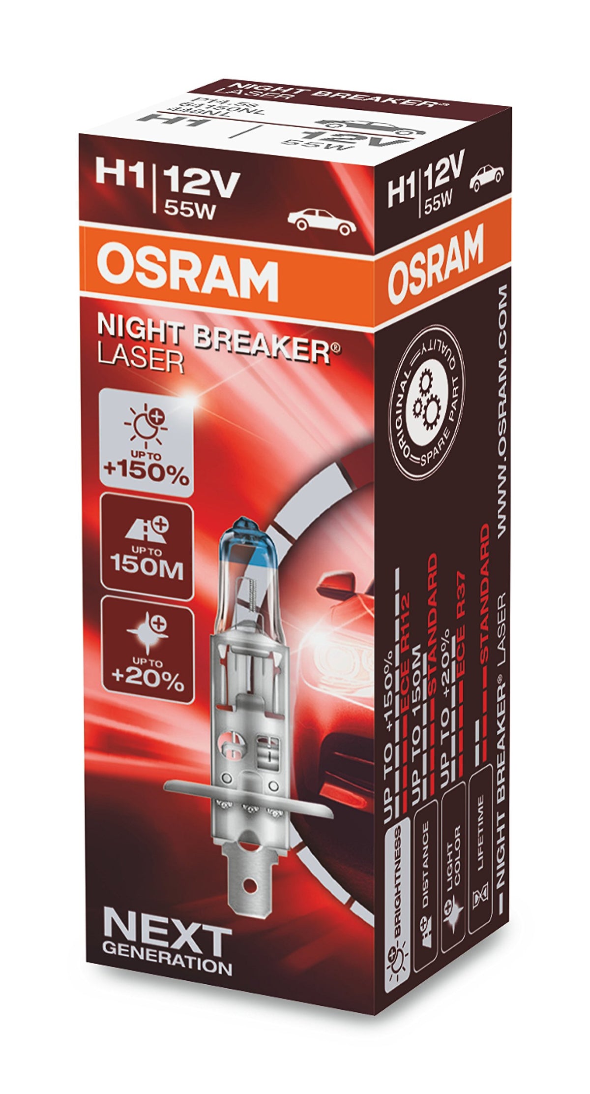 OSRAM NIGHT BREAKER LASER H1, +150% more brightness, halogen headlight lamp, 64150NL, 12V, folding box (1 lamp)